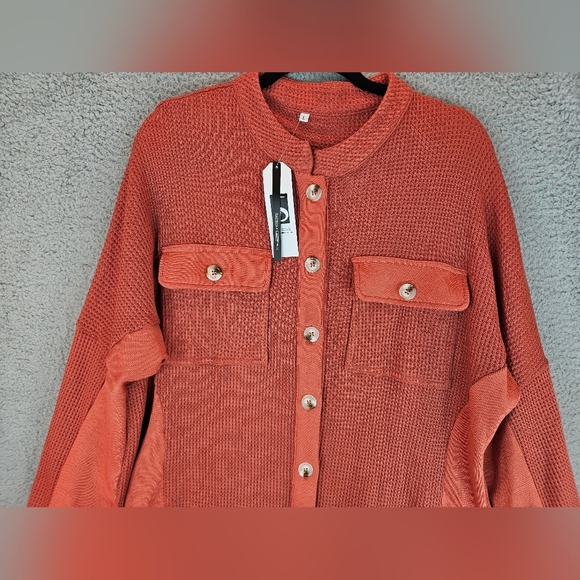 Saukole Womens Orange Long line Over Shirt Sz L Front Pockets Front Button down - Picture 3 of 14